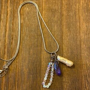 White Biwa Pearl, Amethyst, Crystal Pendant Necklace